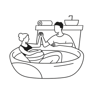 Minimalistische Illustration einer Wassergeburt, bei der eine schwangere Frau in einer Geburtswanne sitzt und die Hand ihres Partners hält.