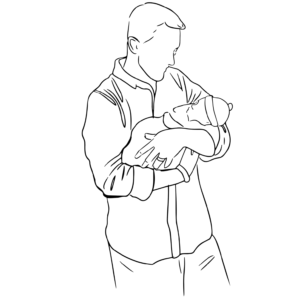 Minimalistische Strichzeichnung eines Vaters, der sein Neugeborenes liebevoll im Arm hält – passend zum Thema Papamonat und Unterstützung im Wochenbett.