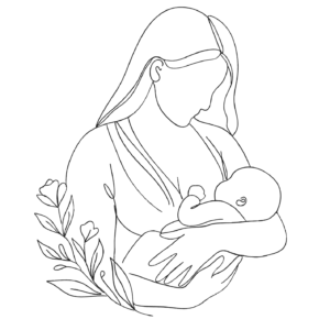 Abstrakte, minimalistische Strichzeichnung einer Mutter, die ihr Baby liebevoll im Arm hält und stillt – passend zum Thema Still-Start